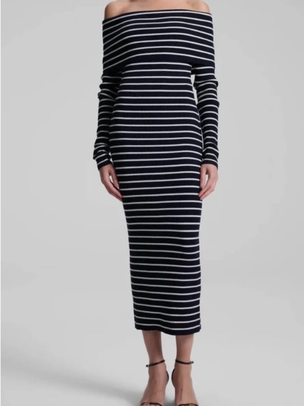 A.L.C. Off-the-Shoulder Black & White Striped Midi Dress M